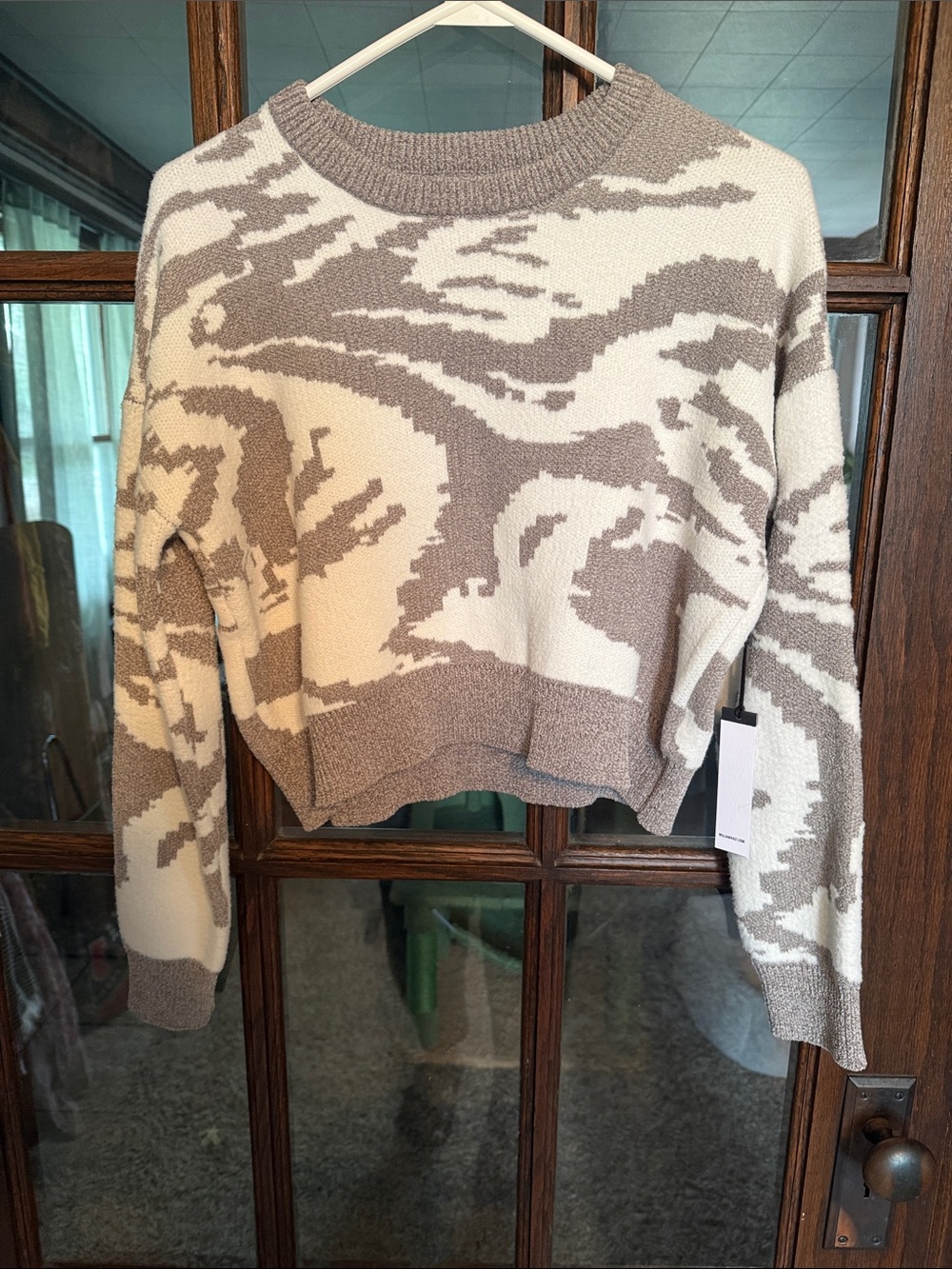 William Rast Womens Taupe Cream Abstract Jacquard Cropped Knit Sweater Small NWT